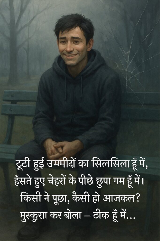 Sad_Hindi_Shayari , एक उदास व्यक्ति मुस्कुराते हुए, टूटी उम्मीदों के दर्द को छुपाता हुआ – हिंदी शायरी के साथ भावनात्मक चित्र